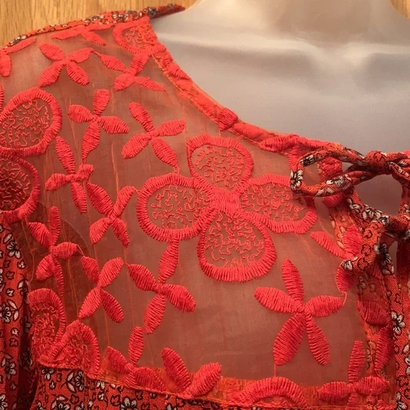 Boho Red Lace Print Long Sleeved Dress S R Fashion - Picture 7 of 13